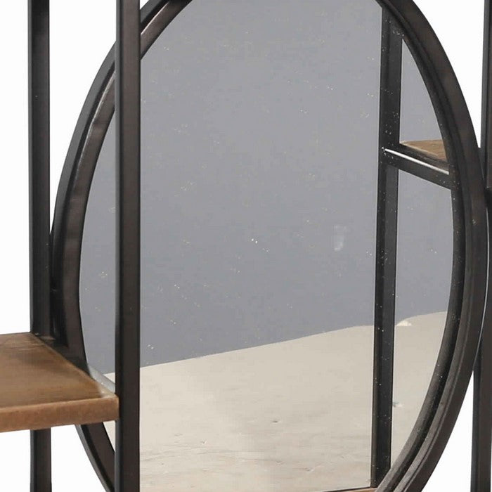 Rectangular Wood and Metal 3 Tier Wall Shelf with Mirror, Brown and Black