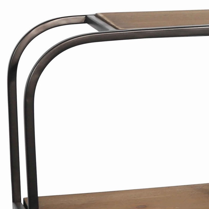 Rectangular Wood and Metal 3 Tier Wall Shelf with Mirror, Brown and Black