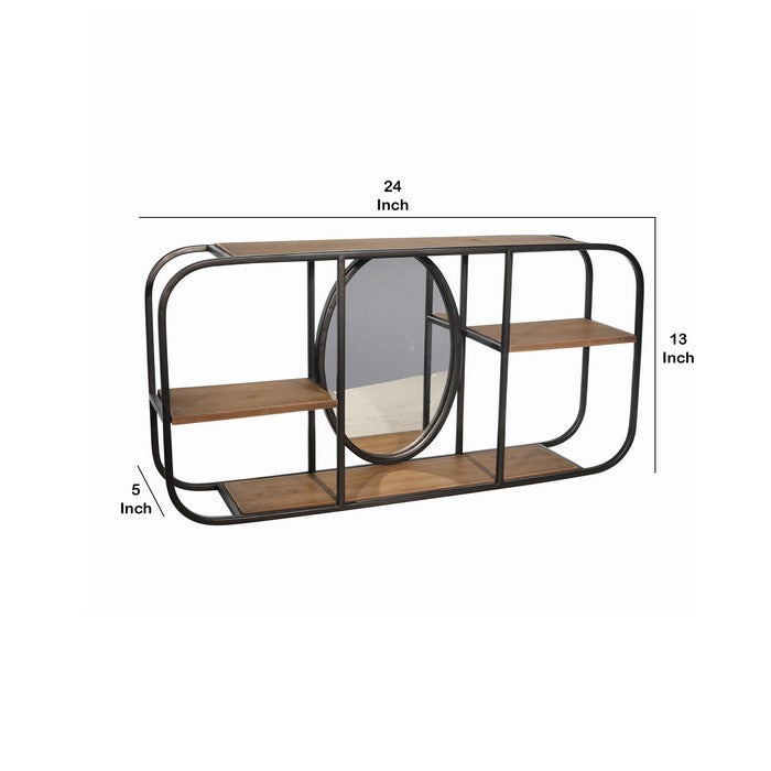 Rectangular Wood and Metal 3 Tier Wall Shelf with Mirror, Brown and Black