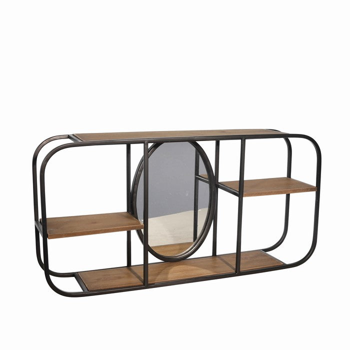 Rectangular Wood and Metal 3 Tier Wall Shelf with Mirror, Brown and Black