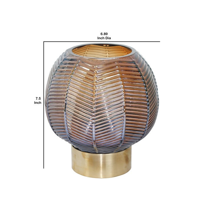 Bellied Shape Glass Vase with Round Metal Base, Small, Brown and Gold