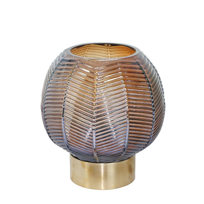 Bellied Shape Glass Vase with Round Metal Base, Small, Brown and Gold