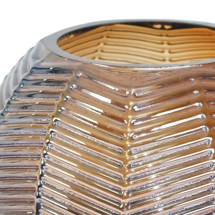 Bellied Shape Glass Vase with Round Metal Base, Large, Brown and Gold