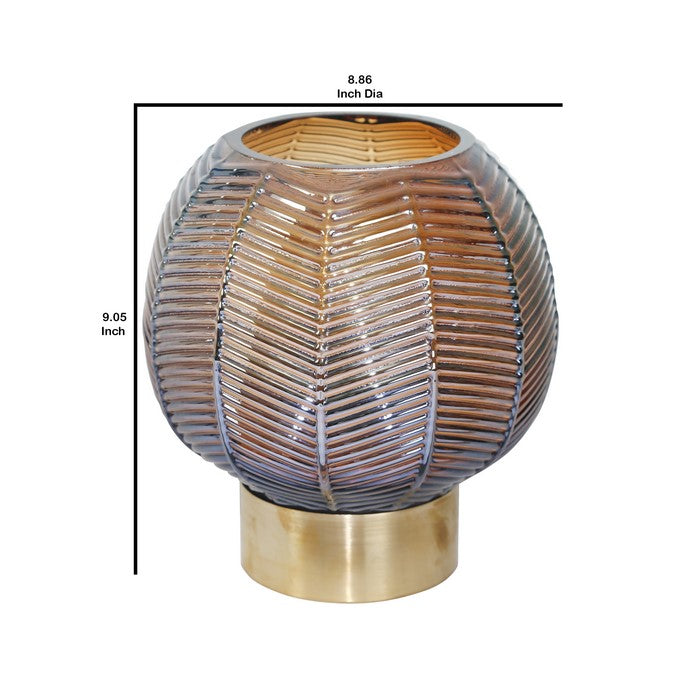 Bellied Shape Glass Vase with Round Metal Base, Large, Brown and Gold