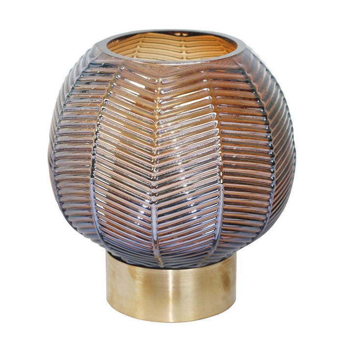 Bellied Shape Glass Vase with Round Metal Base, Large, Brown and Gold