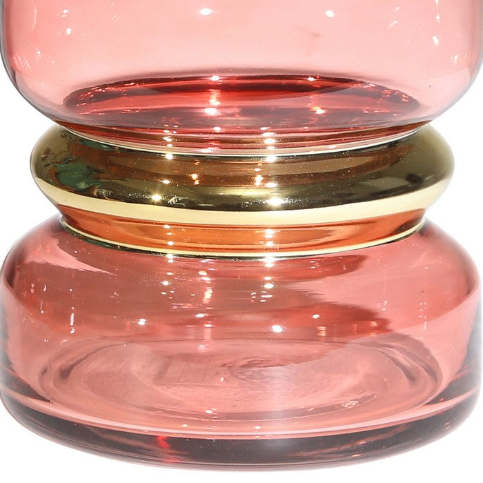 Stacked Jar Design Edged Glass Vase with Golden Accents, Pink