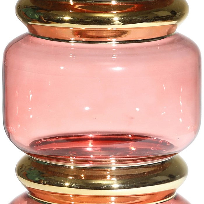 Stacked Jar Design Edged Glass Vase with Golden Accents, Pink