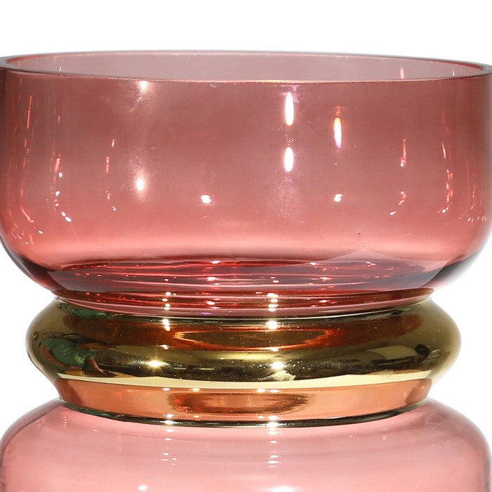 Stacked Jar Design Edged Glass Vase with Golden Accents, Pink