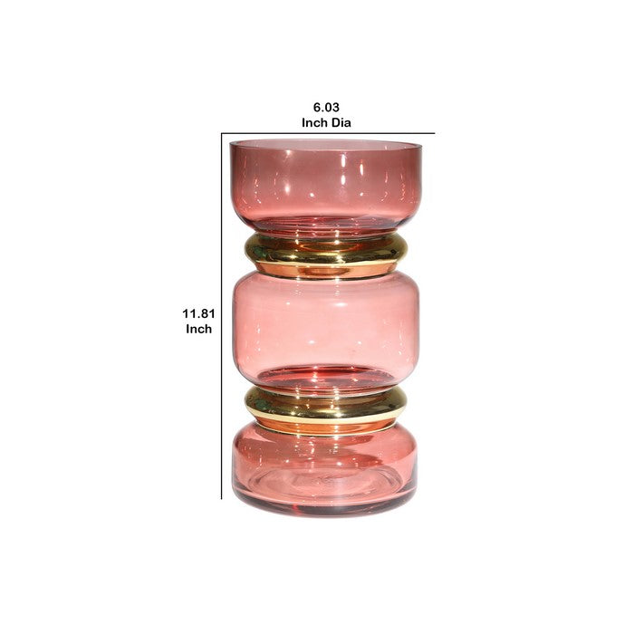 Stacked Jar Design Edged Glass Vase with Golden Accents, Pink