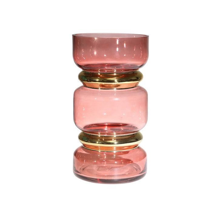 Stacked Jar Design Edged Glass Vase with Golden Accents, Pink