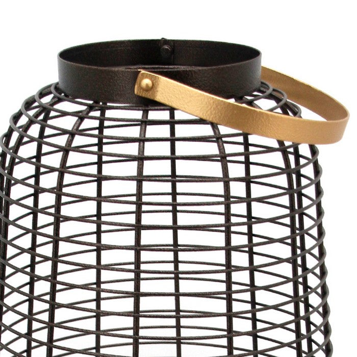 24 Inch Open Cage Design Metal Hurricane with Curved Handle, Gold and Black