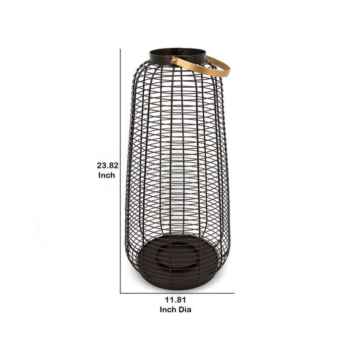 24 Inch Open Cage Design Metal Hurricane with Curved Handle, Gold and Black