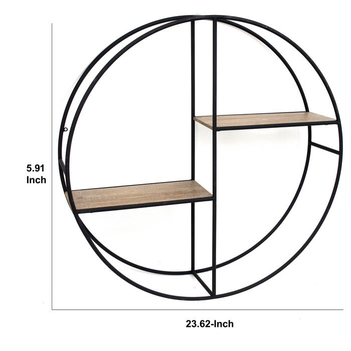 Round Metal Frame Wall Shelf with 2 Display Cases, Black