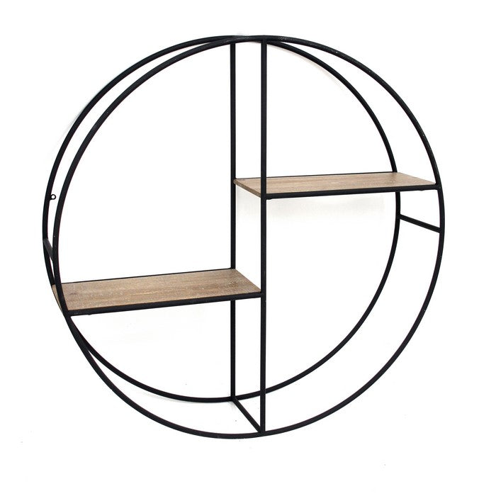Round Metal Frame Wall Shelf with 2 Display Cases, Black