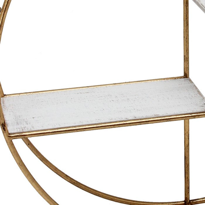 Round Metal Frame Wall Shelf with 2 Display Cases, Gold and White