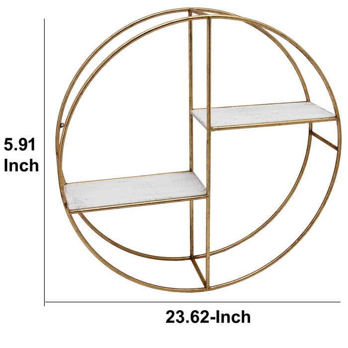 Round Metal Frame Wall Shelf with 2 Display Cases, Gold and White
