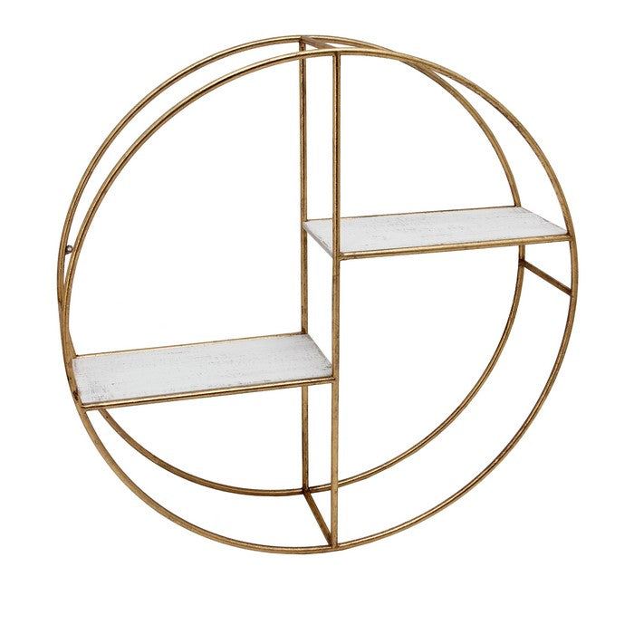 Round Metal Frame Wall Shelf with 2 Display Cases, Gold and White