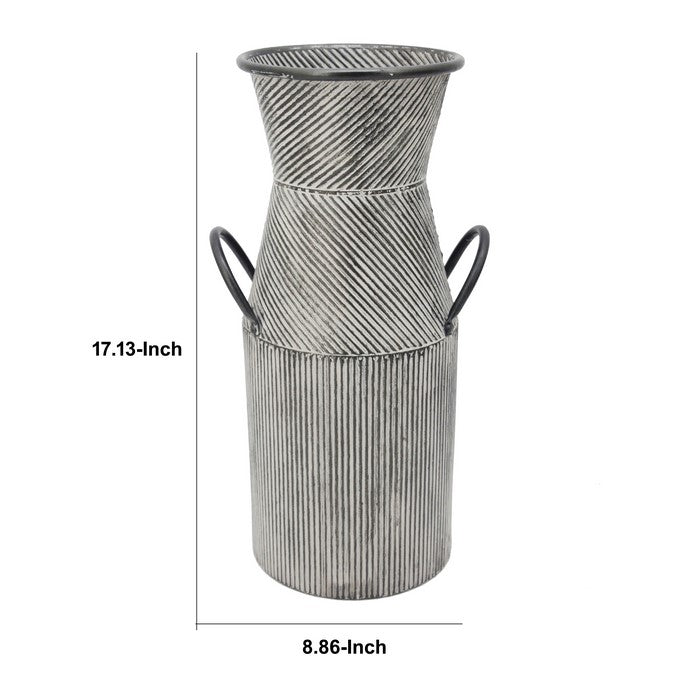 Metal Milk Jar Design Accent Decor with Flared Opening and Banded Top, Gray