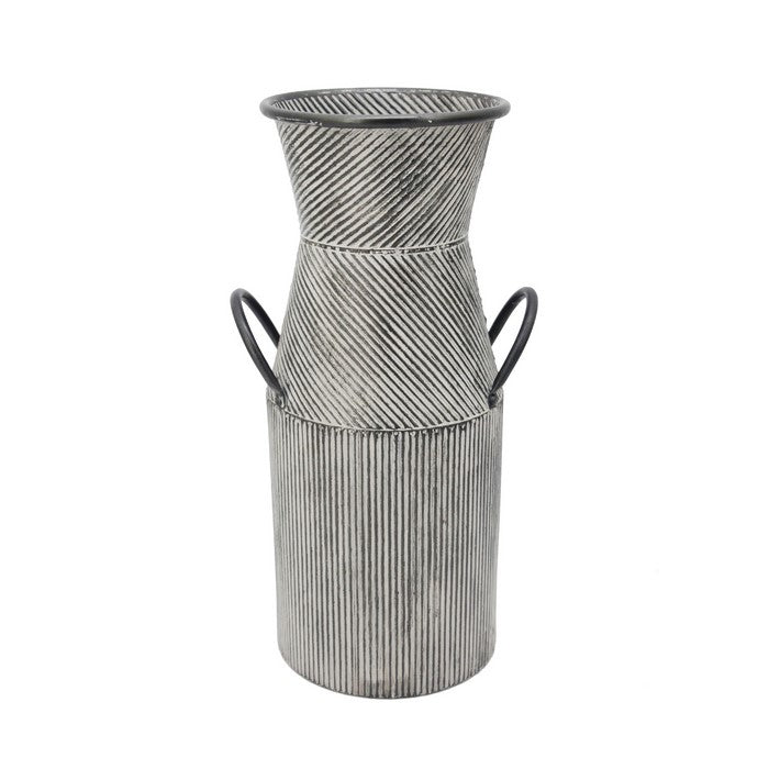 Metal Milk Jar Design Accent Decor with Flared Opening and Banded Top, Gray