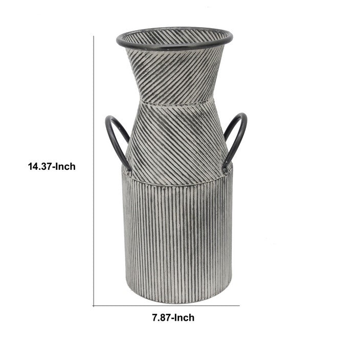 14 Inch Metal Milk Jar Accent Decor with Flared Opening and Banded Top,Gray