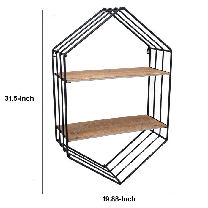 Hexagonal Metal Frame Wall Shelf with 2 Display Cases, Brown and Black