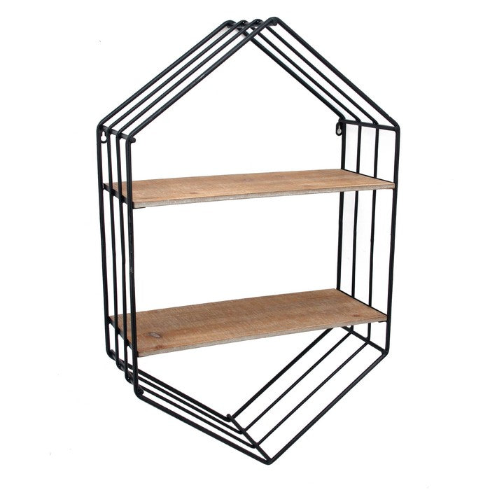 Hexagonal Metal Frame Wall Shelf with 2 Display Cases, Brown and Black