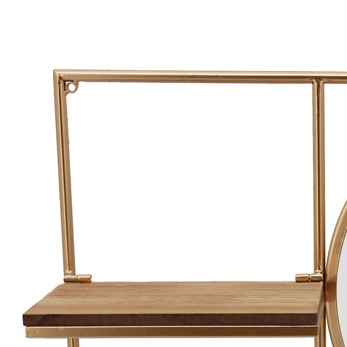 Metal Wall Shelf with 3 Wooden Racks and Round Mirror, Gold and Silver