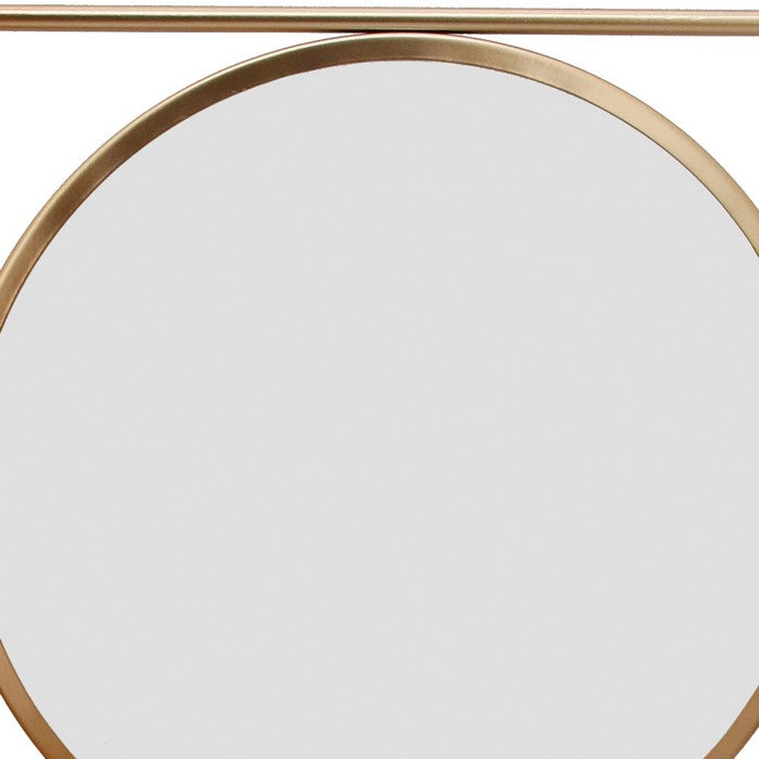 Metal Wall Shelf with 3 Wooden Racks and Round Mirror, Gold and Silver