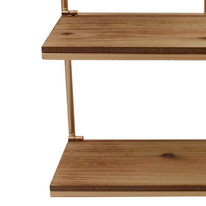 Metal Wall Shelf with 3 Wooden Racks and Round Mirror, Gold and Silver