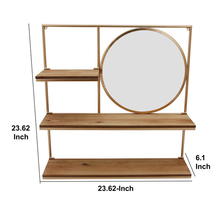 Metal Wall Shelf with 3 Wooden Racks and Round Mirror, Gold and Silver