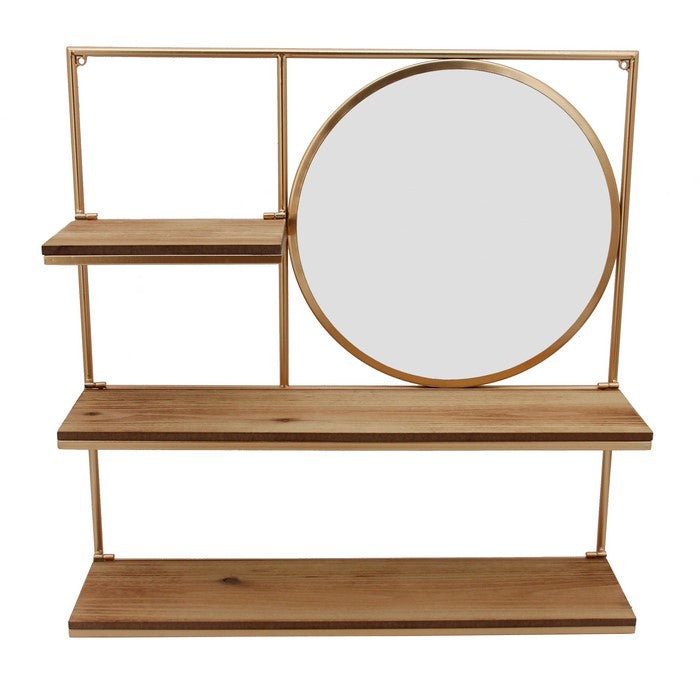 Metal Wall Shelf with 3 Wooden Racks and Round Mirror, Gold and Silver