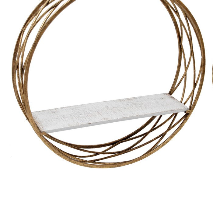 Round Metal Frame Wall Shelf with Wooden Top, Set of 3, Gold and White