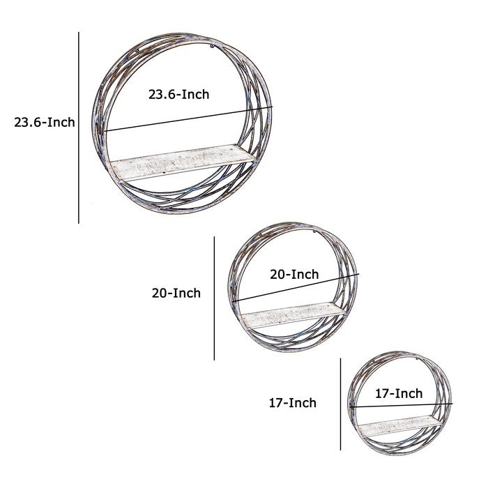 Round Metal Frame Wall Shelf with Wooden Top, Set of 3, Gold and White
