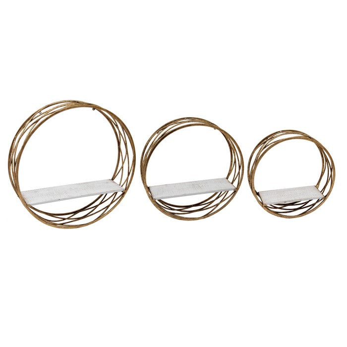 Round Metal Frame Wall Shelf with Wooden Top, Set of 3, Gold and White