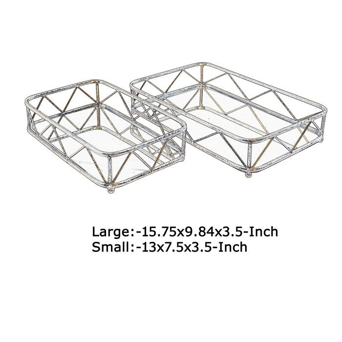 Rectangular Metal Frame Tray with Glass Top, Set of 2,Gold and Clear