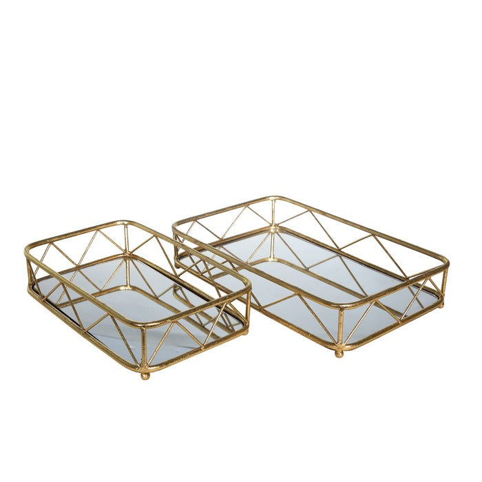 Rectangular Metal Frame Tray with Glass Top, Set of 2,Gold and Clear