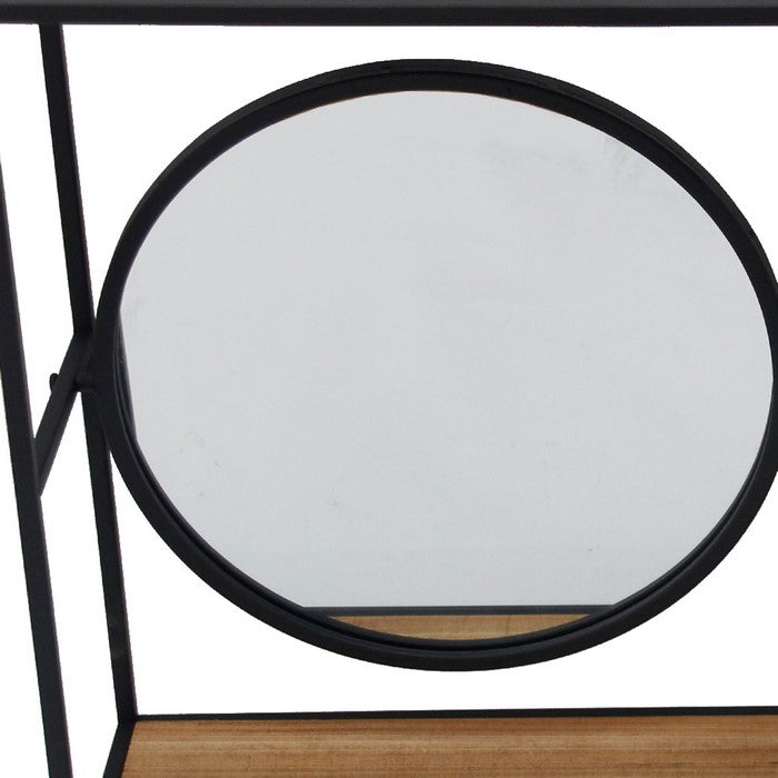 Metal Wall Storage with 3 Wooden Shelves and Round Mirror, Brown and Black