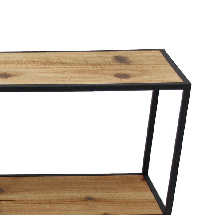 Metal Wall Storage with 3 Wooden Shelves and Round Mirror, Brown and Black