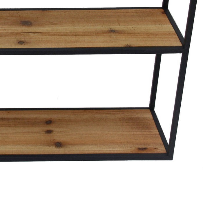 Metal Wall Storage with 3 Wooden Shelves and Round Mirror, Brown and Black