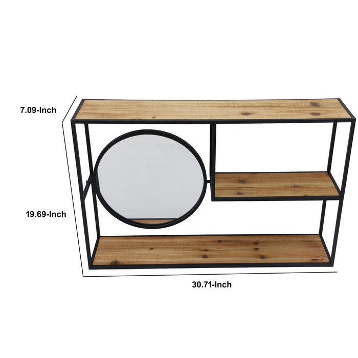 Metal Wall Storage with 3 Wooden Shelves and Round Mirror, Brown and Black