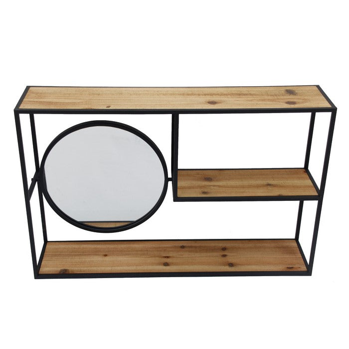 Metal Wall Storage with 3 Wooden Shelves and Round Mirror, Brown and Black