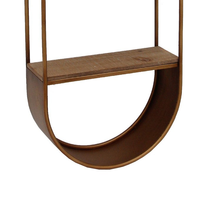 Obround Shape Metal Wall Shelf with 3 Display Space, Brown and Silver