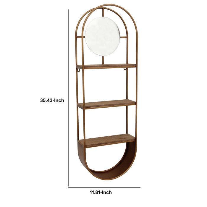 Obround Shape Metal Wall Shelf with 3 Display Space, Brown and Silver