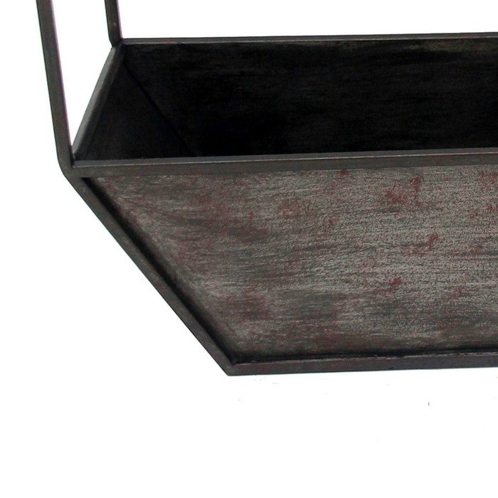 Heptagonal Metal Wall Planter with Wooden Case, Set of 2, Gray and Black