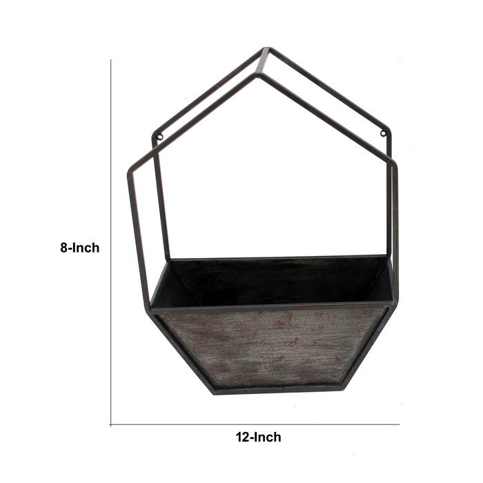 Heptagonal Metal Wall Planter with Wooden Case, Set of 2, Gray and Black