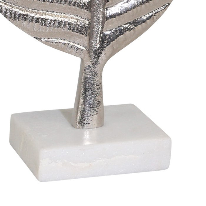 19 Inches Aluminum Leaf Accent Decor with Square Block Base, Silver