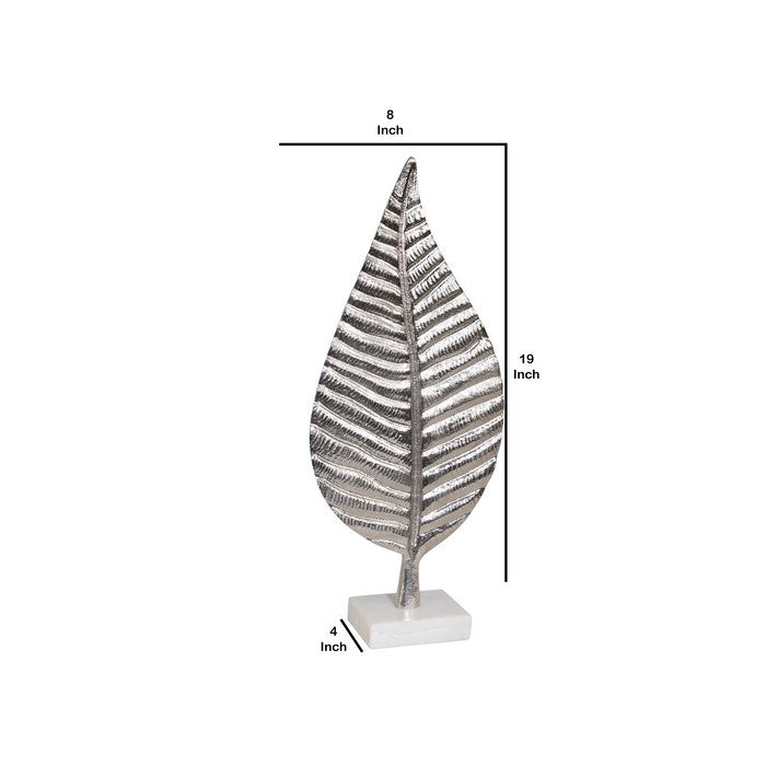 19 Inches Aluminum Leaf Accent Decor with Square Block Base, Silver