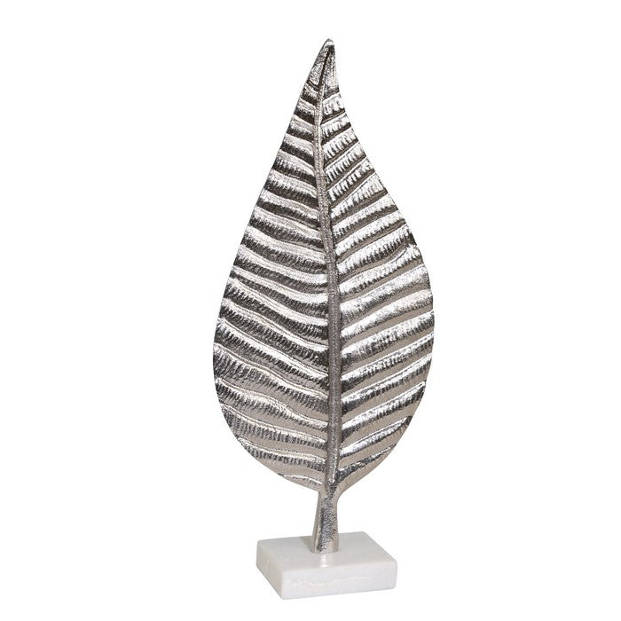 19 Inches Aluminum Leaf Accent Decor with Square Block Base, Silver