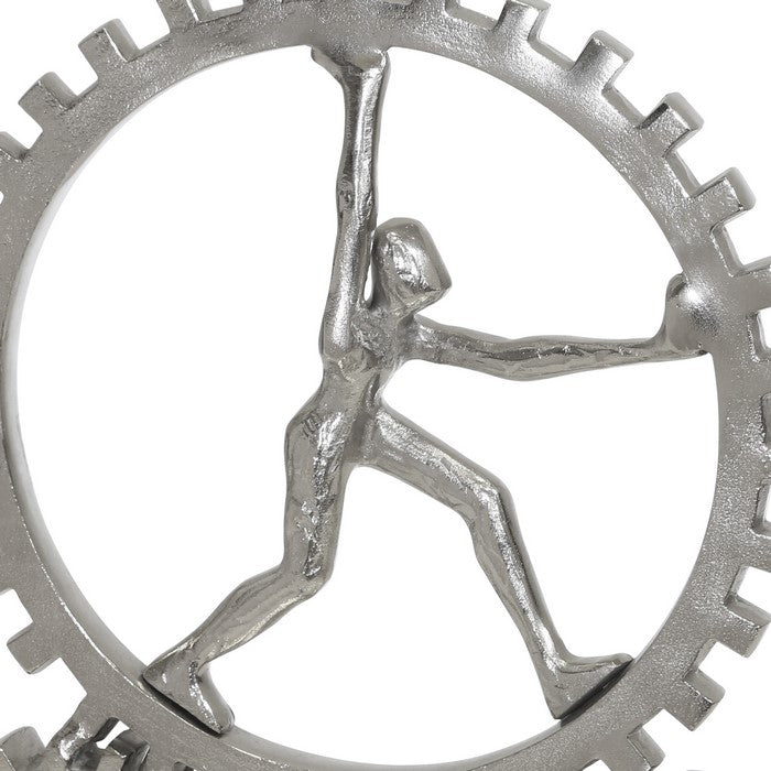 Round Human and Gear Aluminum Figurine, Silver