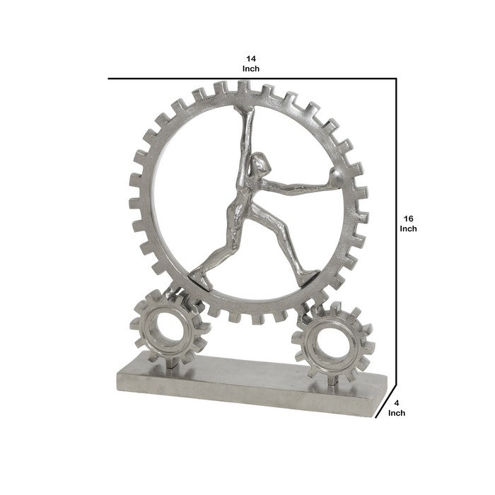 Round Human and Gear Aluminum Figurine, Silver